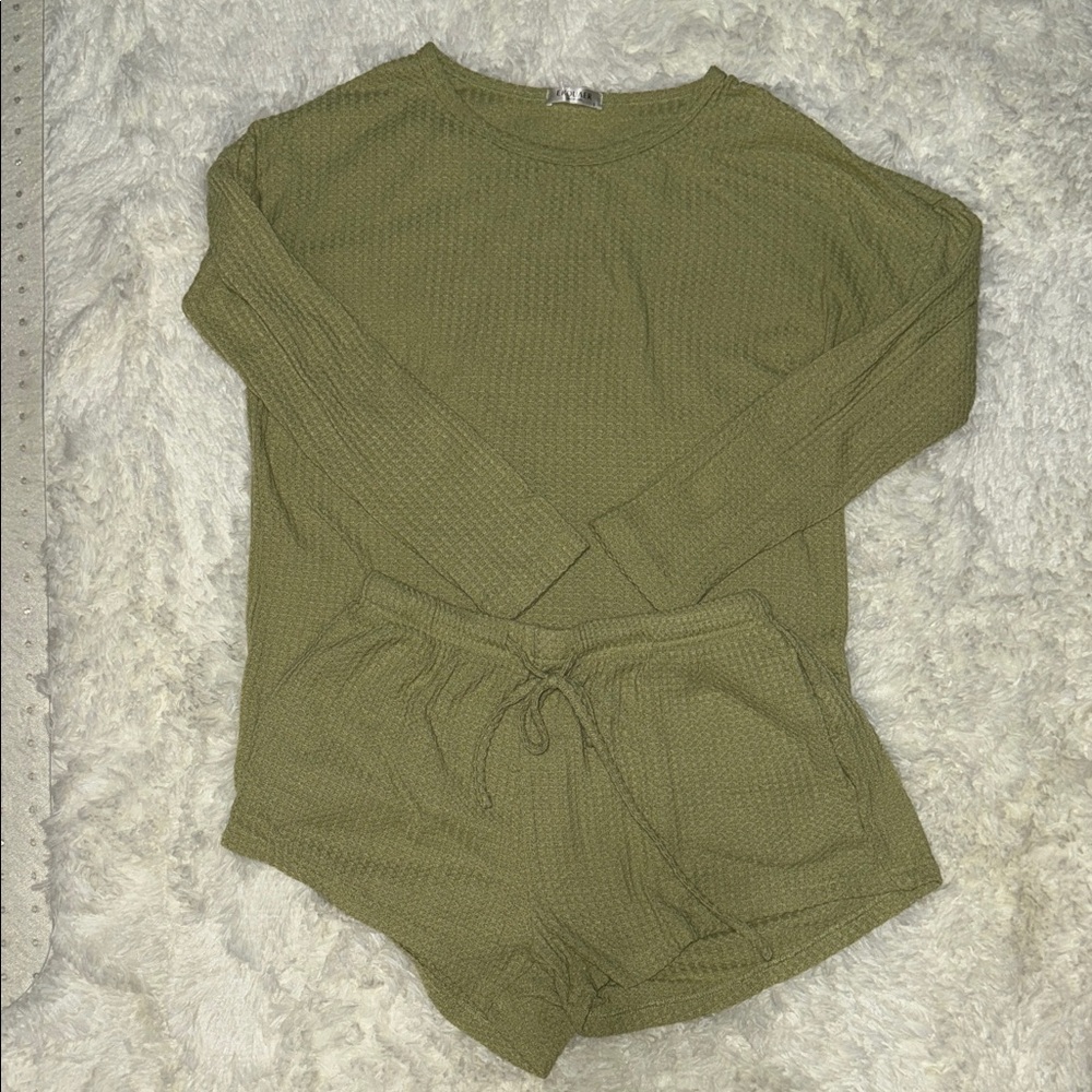 Olive Green Long Sleeve and Shorts Pajama Set